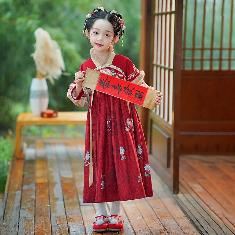 Girls Winter New Thick Embroidery Tang Suit Hanfu Fairy Princess Kids Dress Perform Costume Chinese New Year Clothing Cosplay
