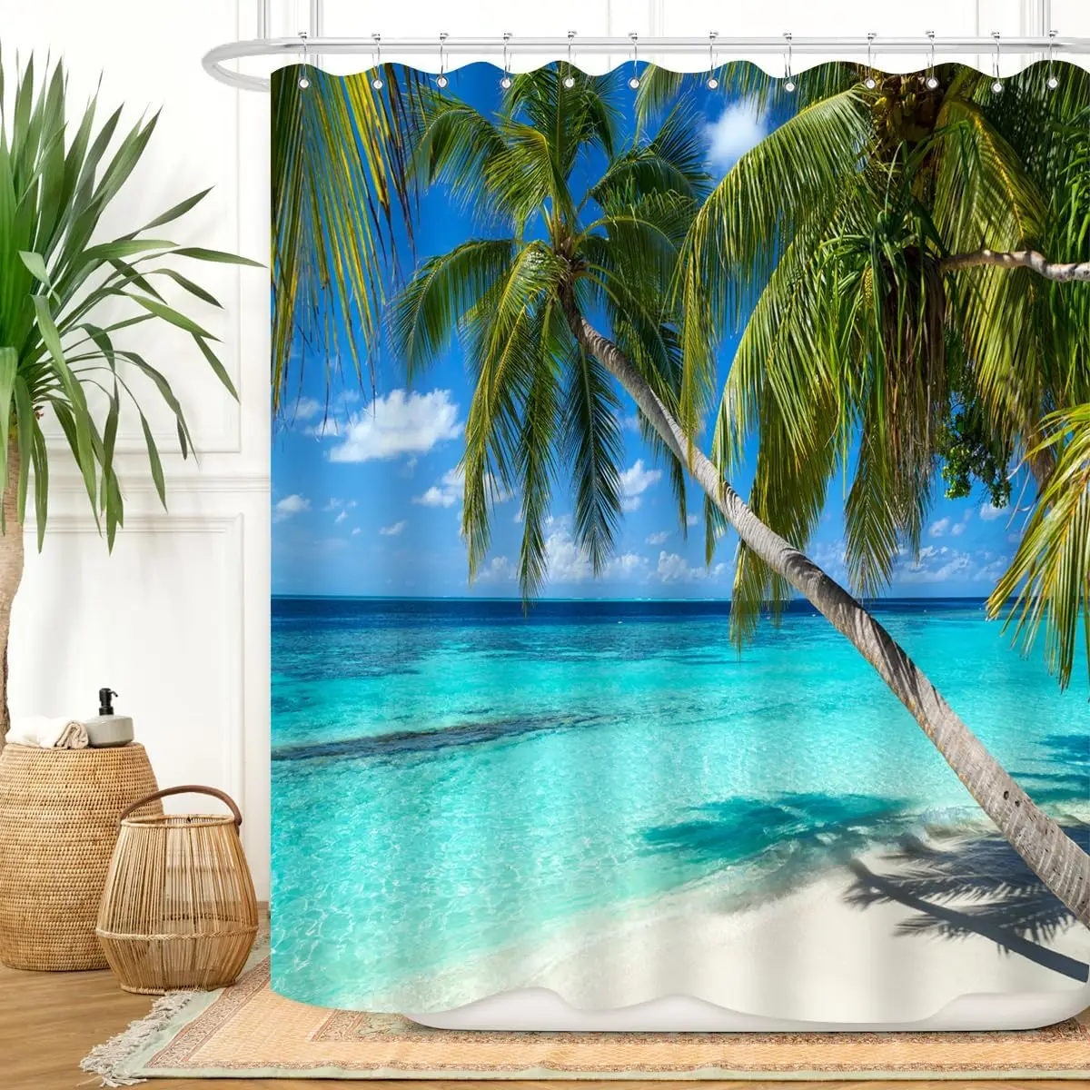 

Palm Tree Beach Shower Curtain With Clear Blue Water Tropical Paradise Design Waterproof Fabric Summer Vibes Bathroom Decor