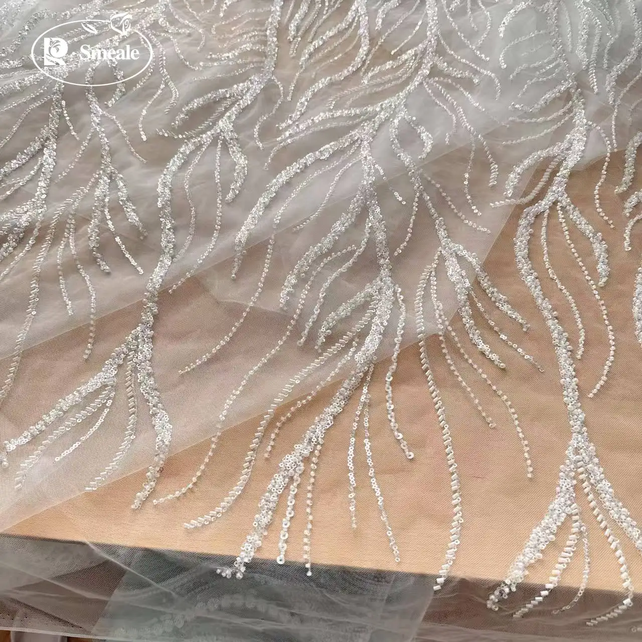 Perlen-Pailletten-Spitzenstoff, luxuriöses Abendkleid, französische Spitze, 2 Designs können weiß wählen, RS2798 – Detail 7
