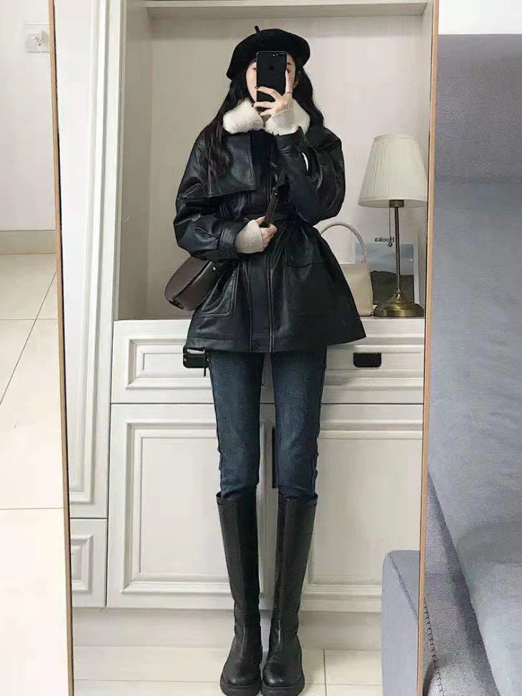 Autumn and Winter PU Leather Jacket Female Imitation Rabbit Velvet Motorcycle Suit Loose Senior Sense Velvet Thickened Parka