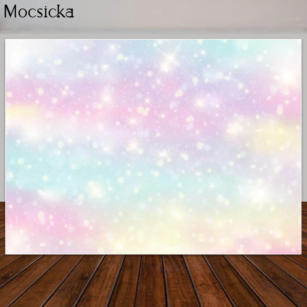 Décors de photographie d'anniversaire de princesse arc-en-ciel scintillants, étoiles dorées colorées, accessoires de fond de stand de studio photo, bannière de bokeh