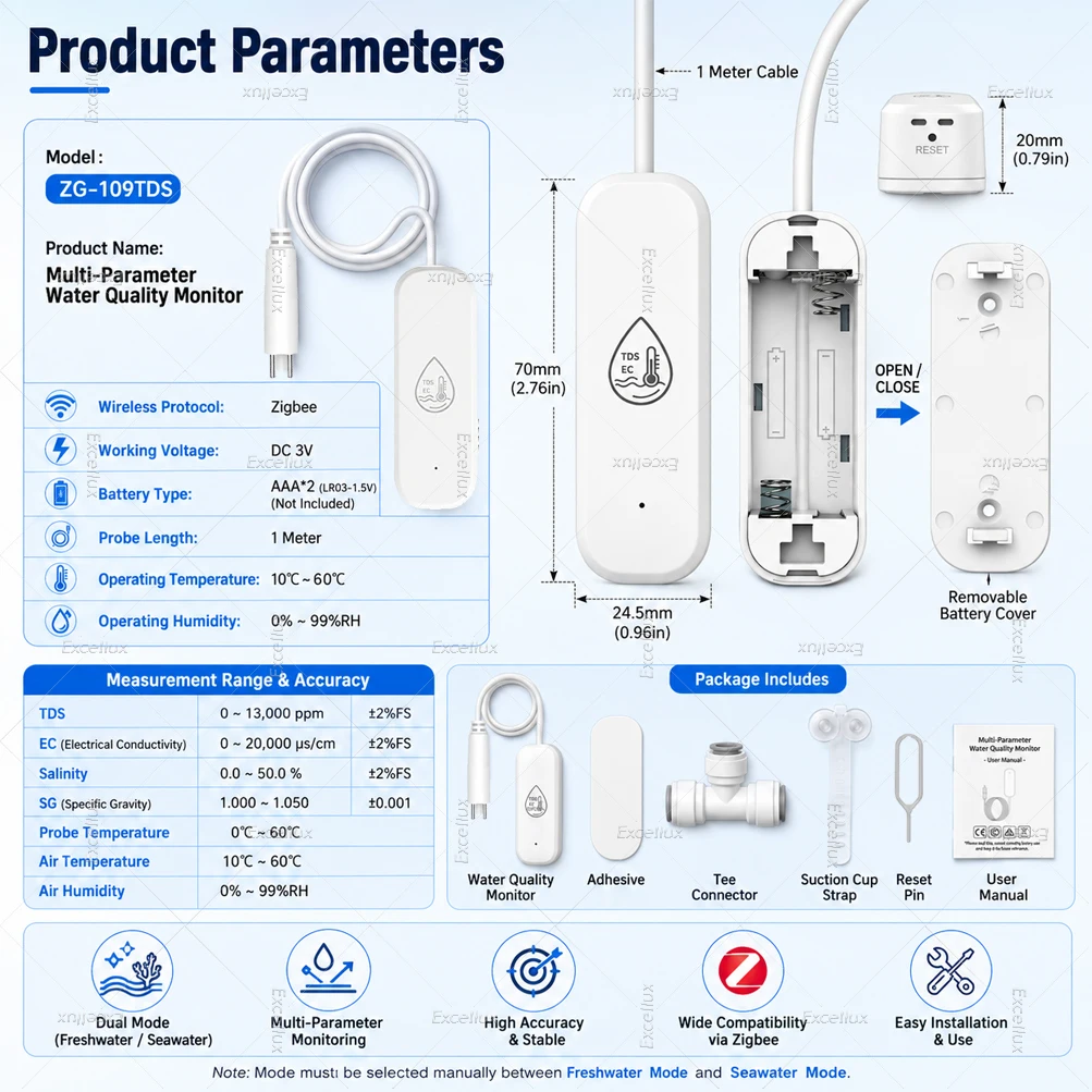 7-in-1 Zigbee Wasserqualitätsmonitor Smart Home-Sonde Temperatur- und Feuchtigkeitssensor TDS SG EC Salzgehaltsmessgerät für Zigbee2mqtt – Detail 11