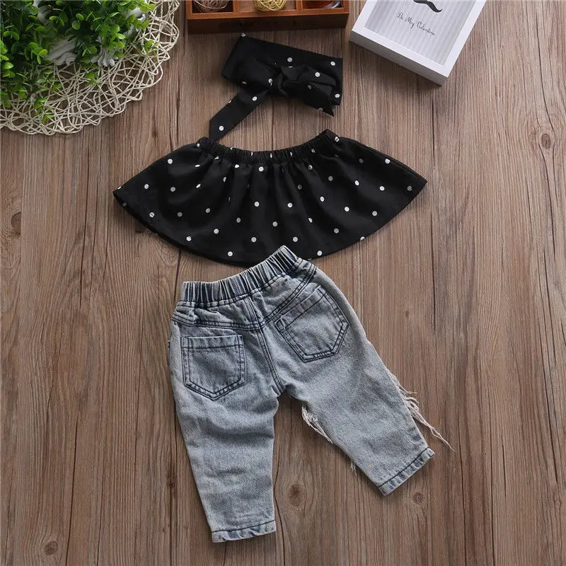 Toddler Kids Baby Girls Off Shoulder Tops Denim Pants Hole Jeans Outfits Summer Fashion Csual Kids 3PCS Clothes