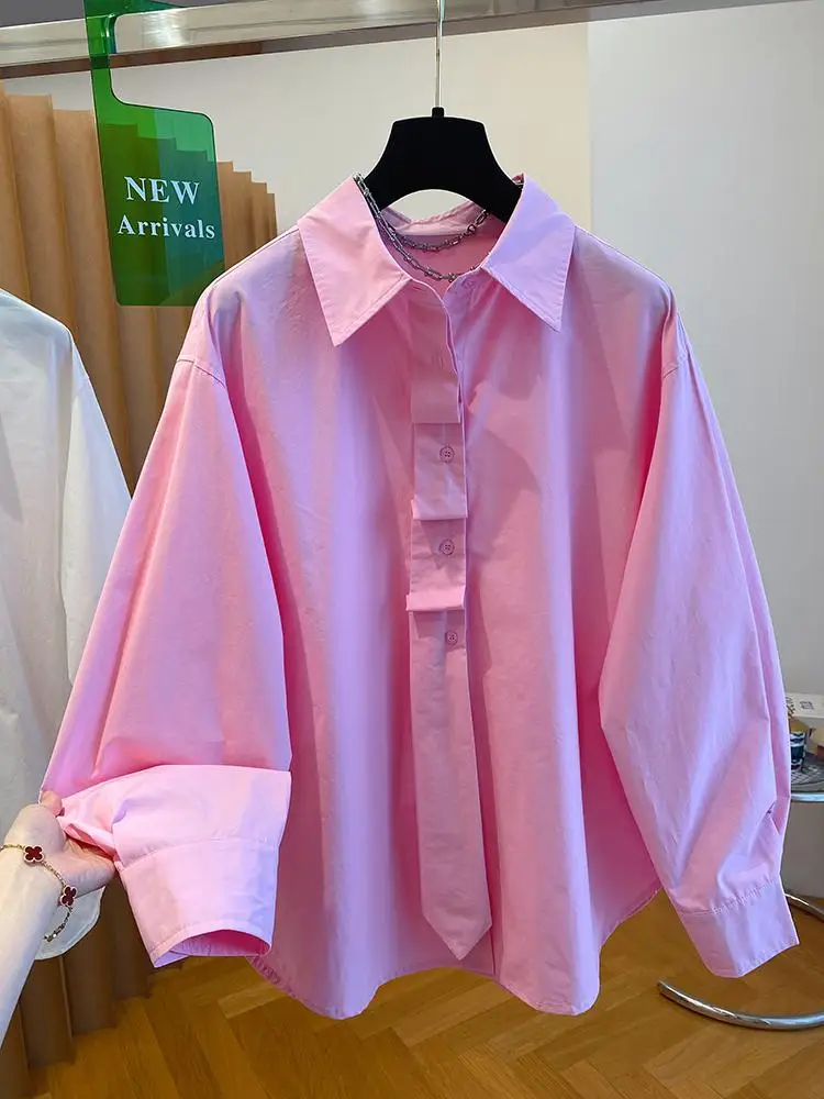 

SuperAen Pink Long-sleeved Women's Shirts 2026 Spring New Korean Style Loose and Casual Design Lapel Cotton Shirts