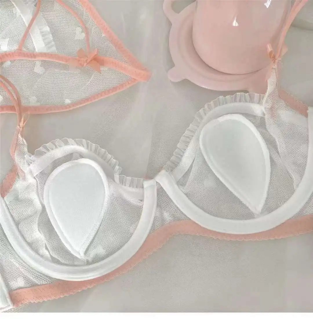 Sweet and Sexy Heart Shape Mesh Transparent Lace Edge Rabbit Cup Ultra Thin Hollow out Girl Bra