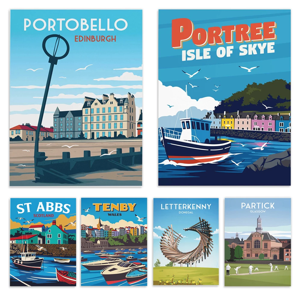 Póster de viaje de Edimburgo, Tenby Harbour, St Abbs Harbour, Isle of Skye, Portobello, North Star Circle, West of Scotland, Cornwall