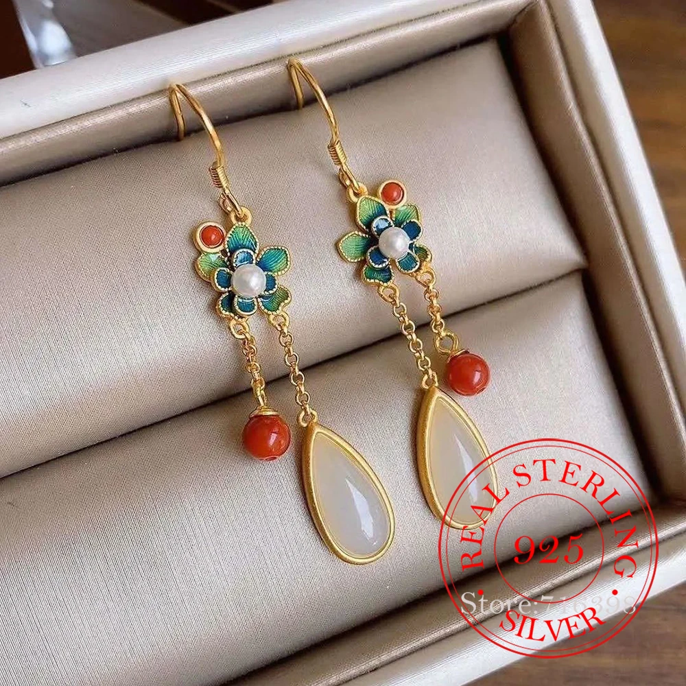 

925 Sterling Silver Jewelry 18K Gold Plated Long Tassel Enamel Flower Drop Earrings for Women Wedding Party Jewelry Friend Gift