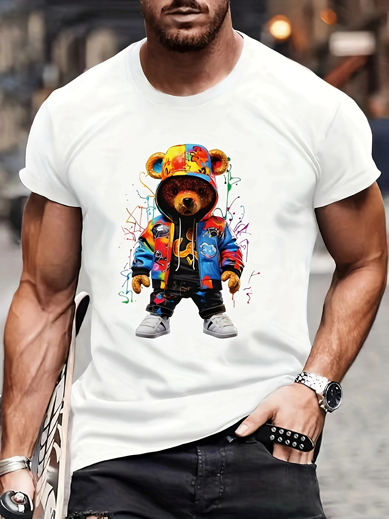 

Men's Casual Geometric Bear Graphic T-Shirt - Black with Colorful Bear Design, Breathable Summer Round Neck Tee