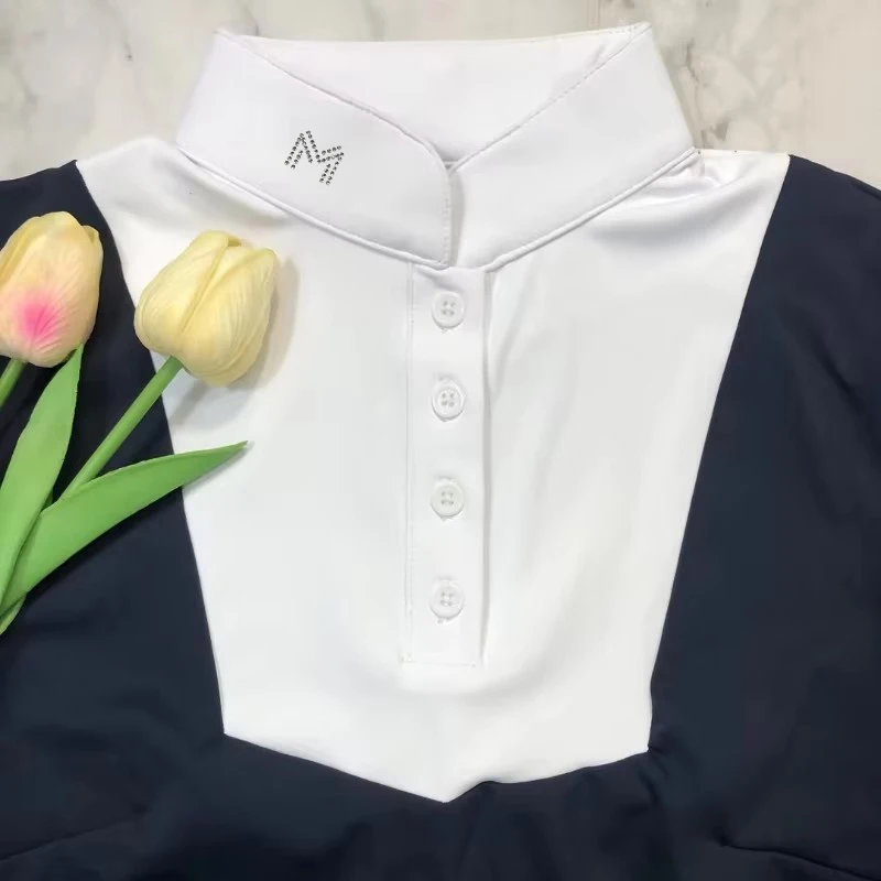 M شعار الفروسية تي شيرت قصير الأكمام بلايز ركوب الخيل ملابس النساء زر التدريب متسابق بلوزة عرض المنافسة #6