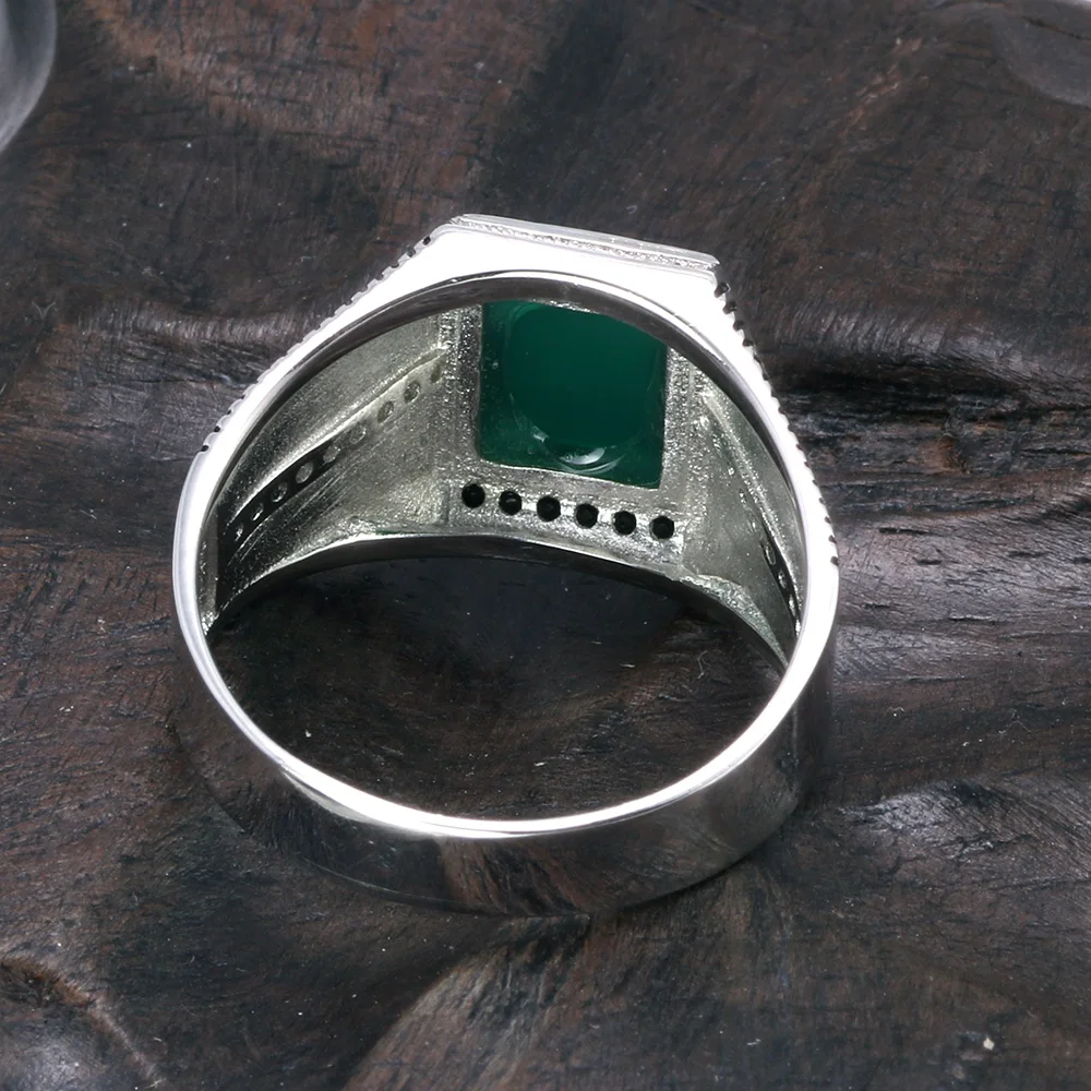 925 Sterling Silver Rings For Men Black Green Red Natural Onyx Stone Square Shape Zirconia Inlaid Turkish Jewelry