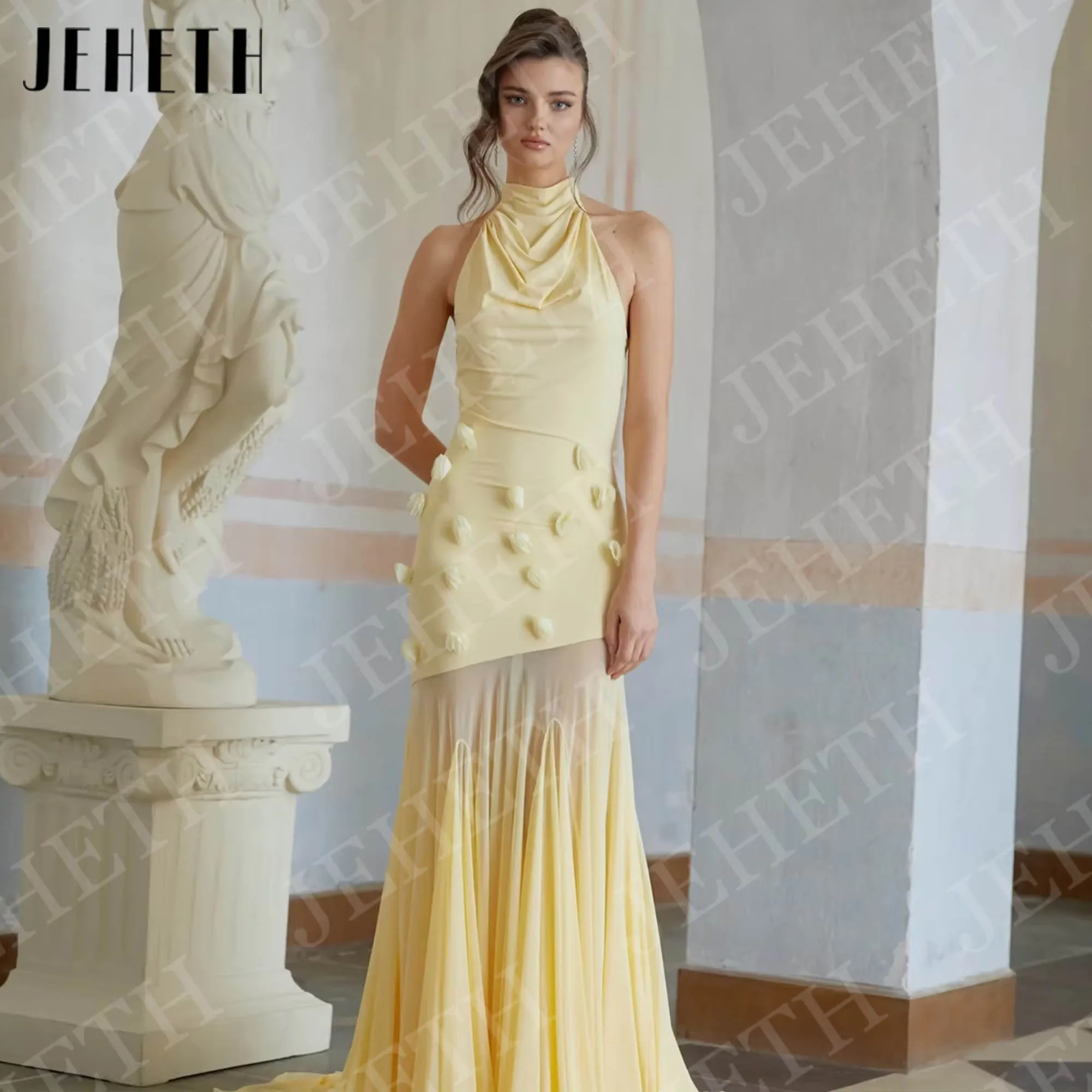JEHETH Geel Zeemeermin Avondjurken Lange Galajurk Vrouw Halter Hals 3D Bloemen Feestjurk Mouwloos Aangepaste فسات musica