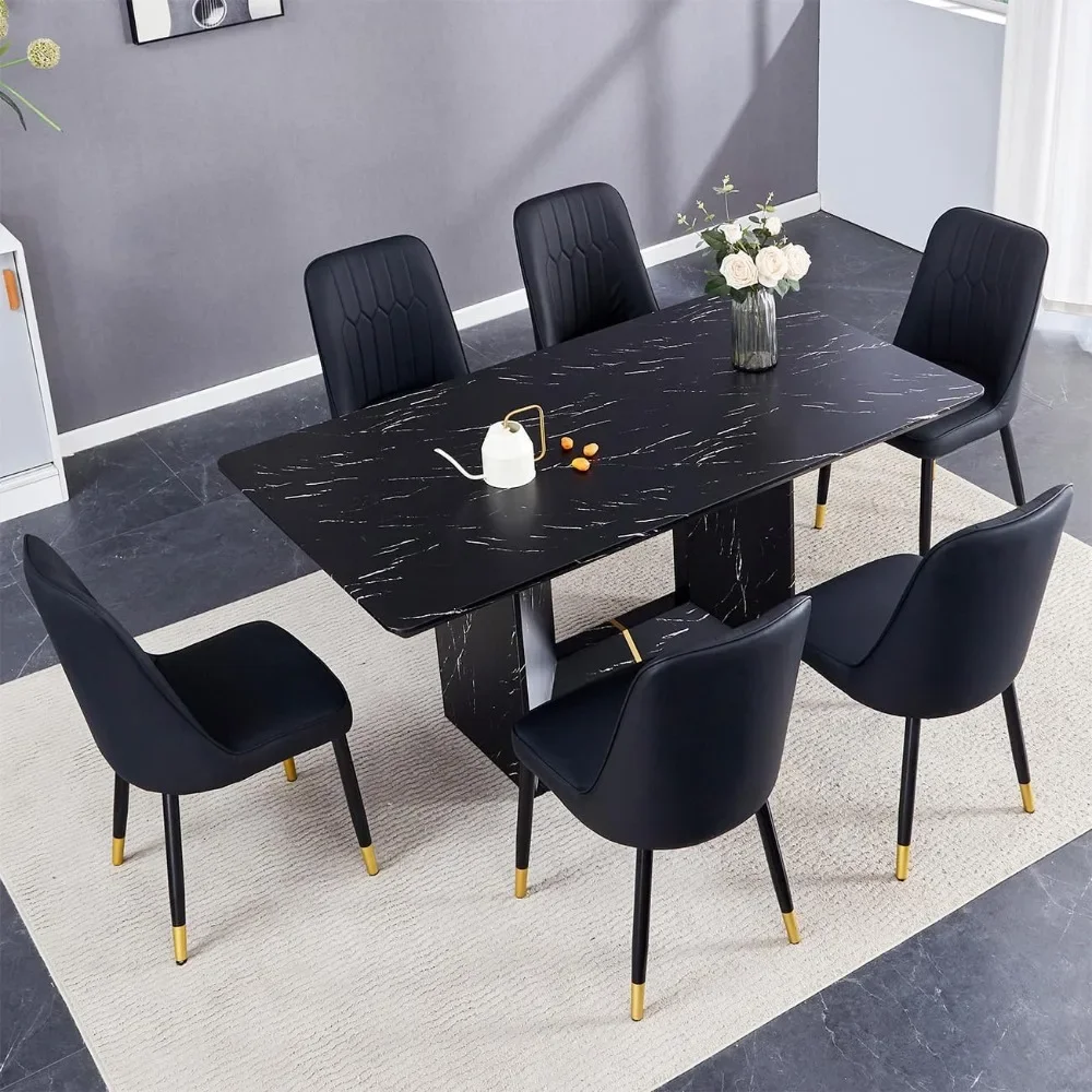 

4-person Modern Dining Table Set, Artificial Marble Dining Table Set with 4 Cushioned Chairs, Square Base