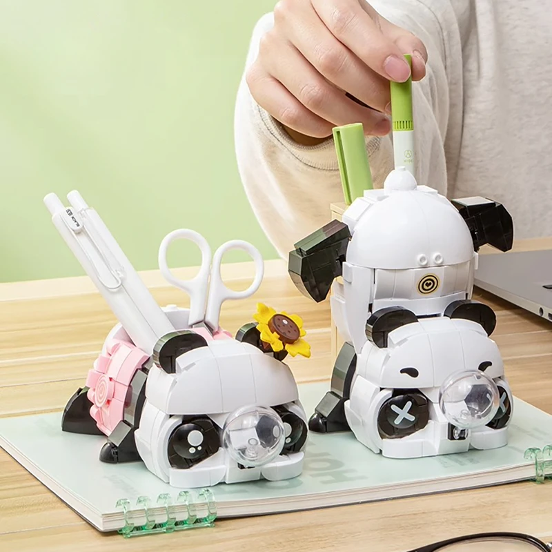 Kawaii Panda Series Block Organizer Pencil Holder 3 in 1 Desktop Patchwork Model Ornaments Educational Toys Birthday Gift