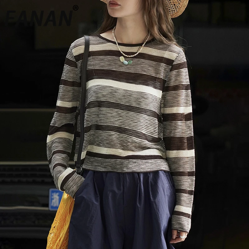 

FANAN Fashion Striped Contrast Color Knitting T-shirt Women's Round Neck Long Sleeve Loose Sunscreen Tops 2025 Summer New