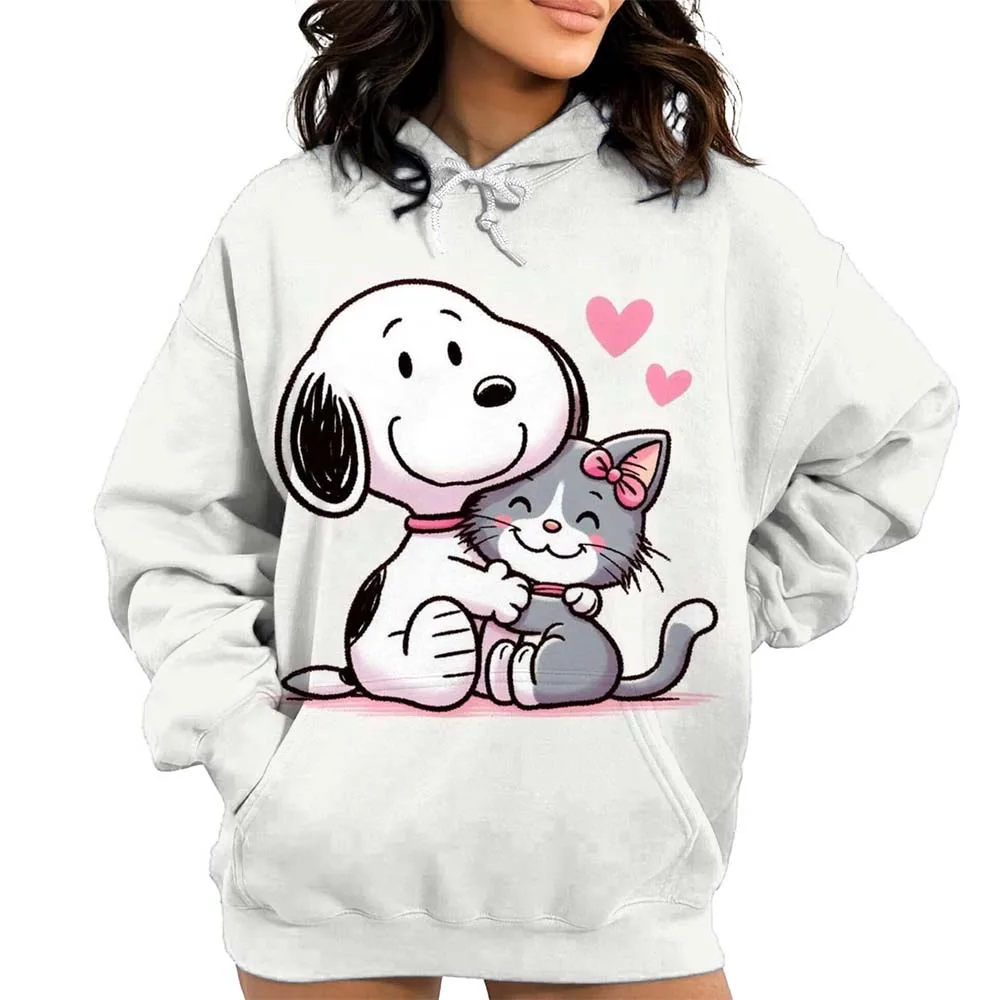 Allentato, girocollo, pullover, felpa con cappuccio da donna Snoopy Cute Kitty Autunno/Inverno maglione stampato da donna maglione con cappuccio casual alla moda