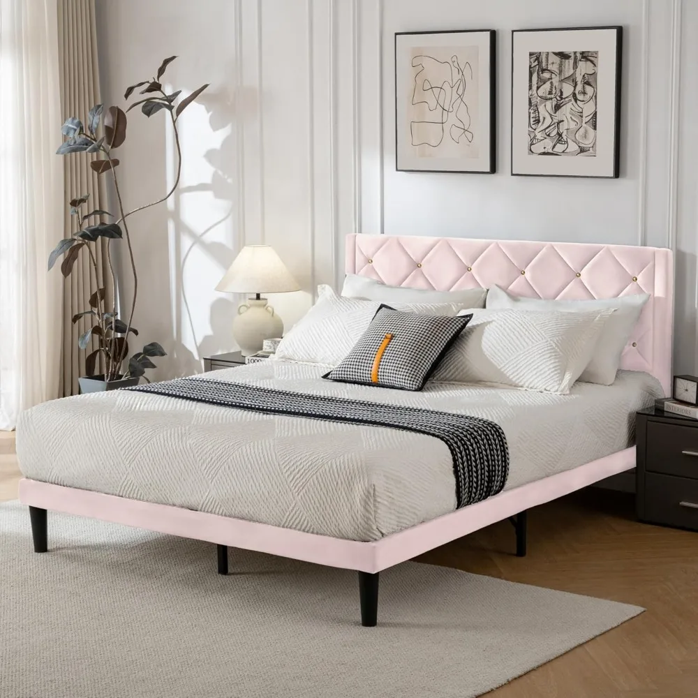 إطار سرير بمنصة رأس مخملية بحجم كوين مع دعامة خشبية وسهلة التجميع