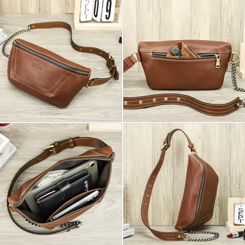New Fashionable British Style Head Leather Sports Casual Versatile Women's Chest Waist Bag Crossbody Business Large Capacity Bag