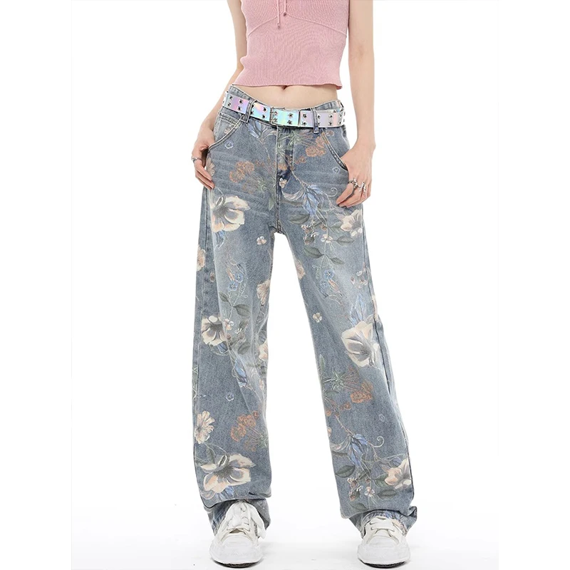 

Street Printed Jeans, Female Niche Design, Trendy Vibe High Waisted Drape, Straight Leg Wide Leg Long Pants, Women's Jeans