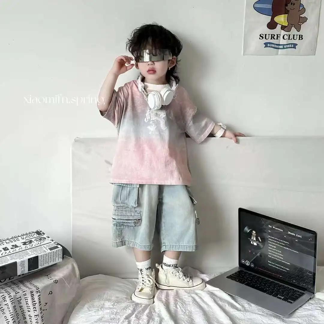 Boys' Summer Set Fashionable New Children's Tie Dyeing T-shirt+Retro Work Shorts 2-piece Set Kids Clothing Suit