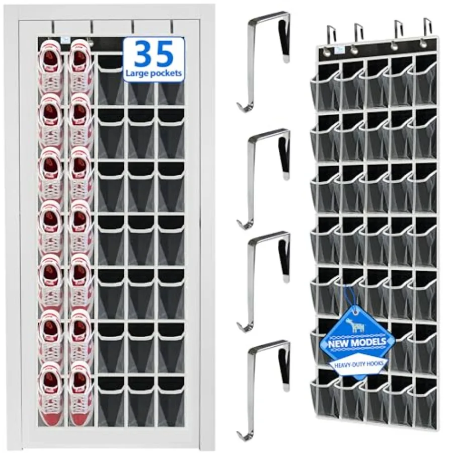 ترقية منظم الأحذية فوق الباب 2025 مع 35 جيبًا شفافًا ضخمًا لتخزين ما يصل إلى حجم 13 حذاءًا مادة قوية متينة مع