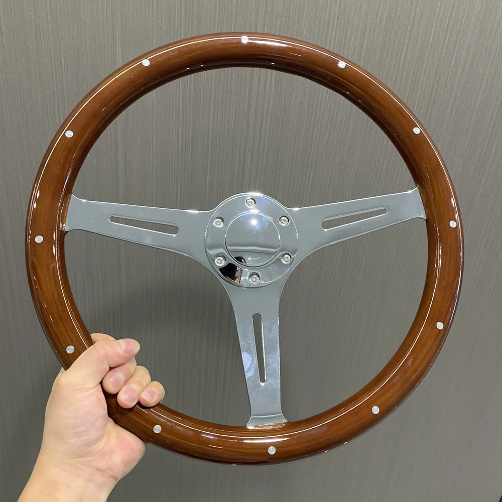 

Tiypeor Universal 380 Solid Wood Brown Vintage Game Racing Steering Wheel With Rivet