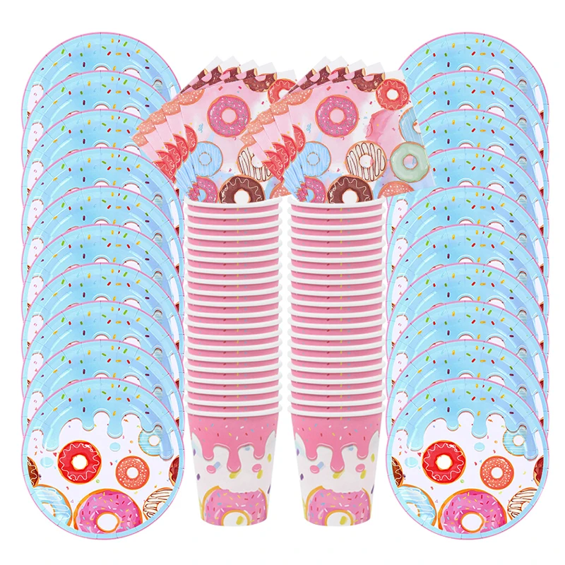 1Set Donut Party Decoration Disposable Tableware Plate Cup Napkins Candy Gift Bags Kids Baby Girl 1st Birthday Party Supplies