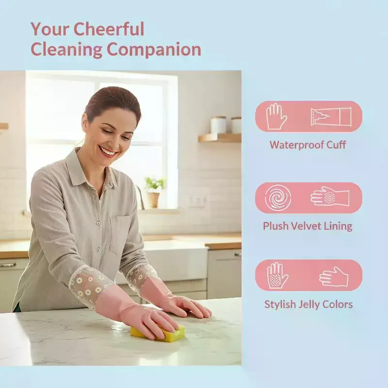 Floral Pattern Household Latex Waterproof Cleaning Gloves: Kitchen Dishwashing Laundry Wear Resistant Rubber view 2