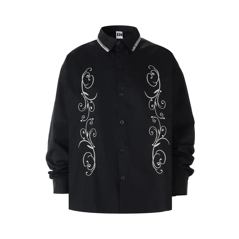 Long Sleeve Embroidery Symmetrical Flower Single-breasted Shirt Men Women Collar Stitch Knitt Casual Loose V-shape Blouse