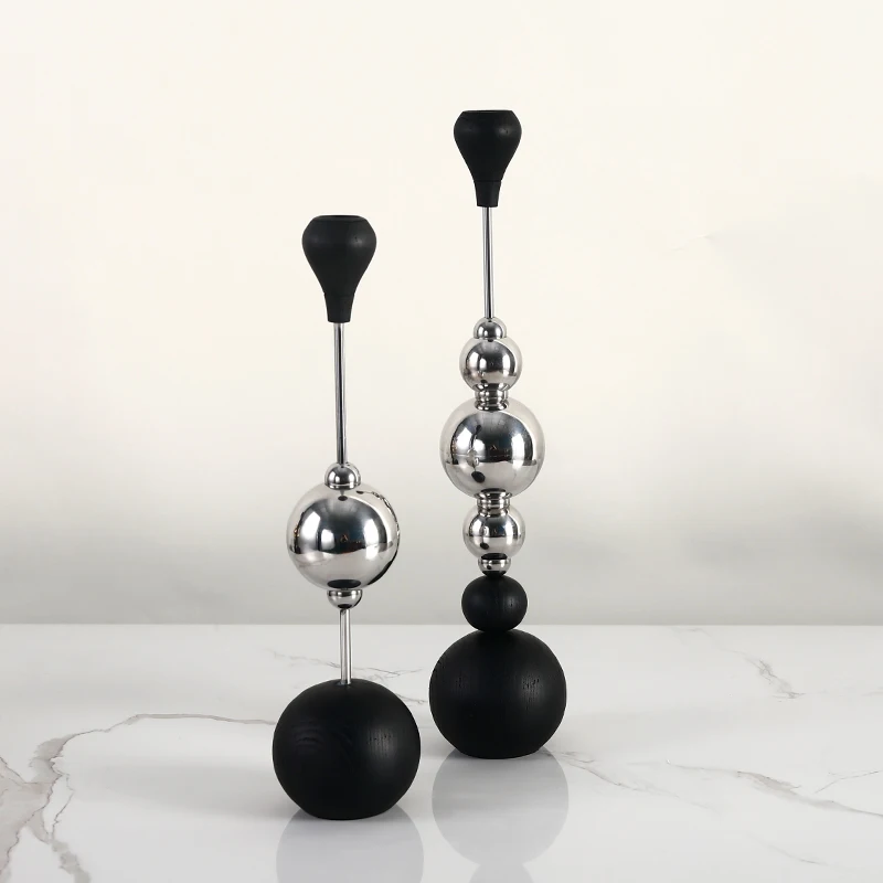 Candlestick ornaments wooden ball modern creative model living room luxury silver metal stainless steel table candle holder