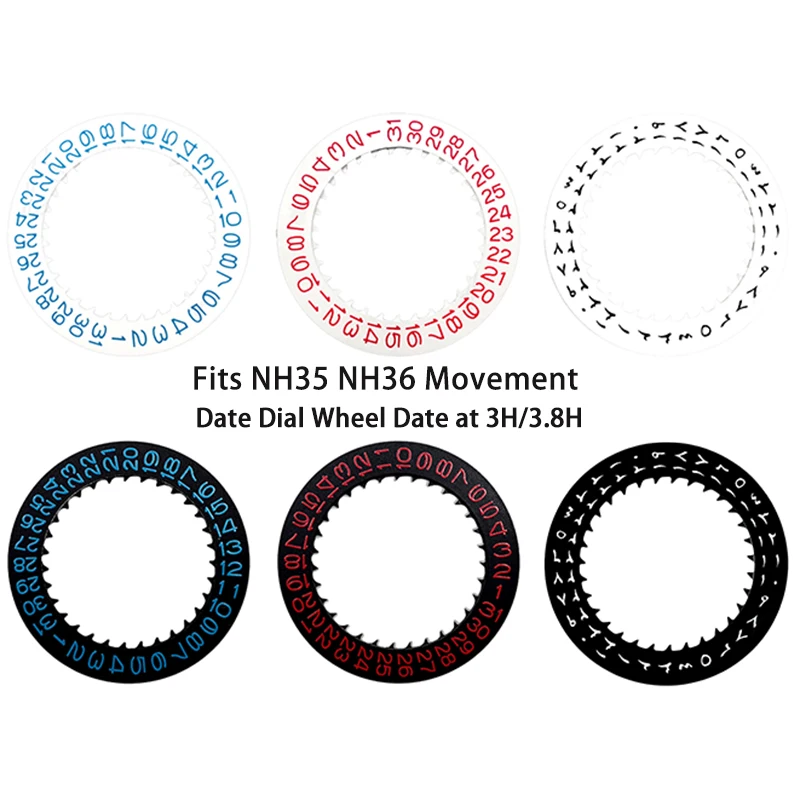 Rueda de esfera de fecha NH35 NH36 compatible con movimiento NH35 NH36 NH34 SKX007 SKX009 rojo azul negro fecha mecánica automática a las 3H 3.8H