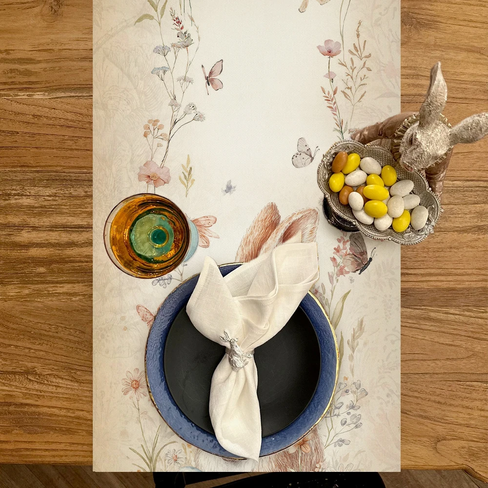 1pc Vintage Watercolor Easter Table Runner Spring Floral Bunny Easter Egg Pattern Tabletop Decor For Easter Party Home Decor