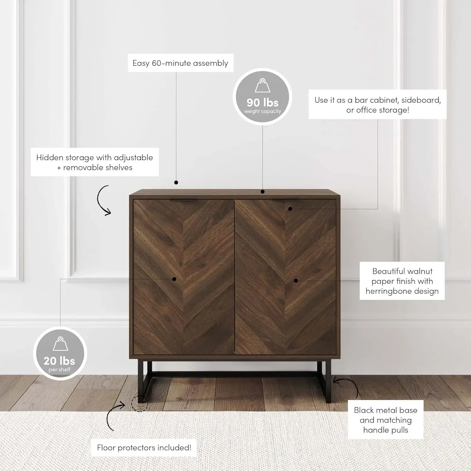 Aparador moderno Enloe, mueble decorativo para almacenamiento tipo buffet con puertas en un acabado rústico de nogal y base de metal negro mate