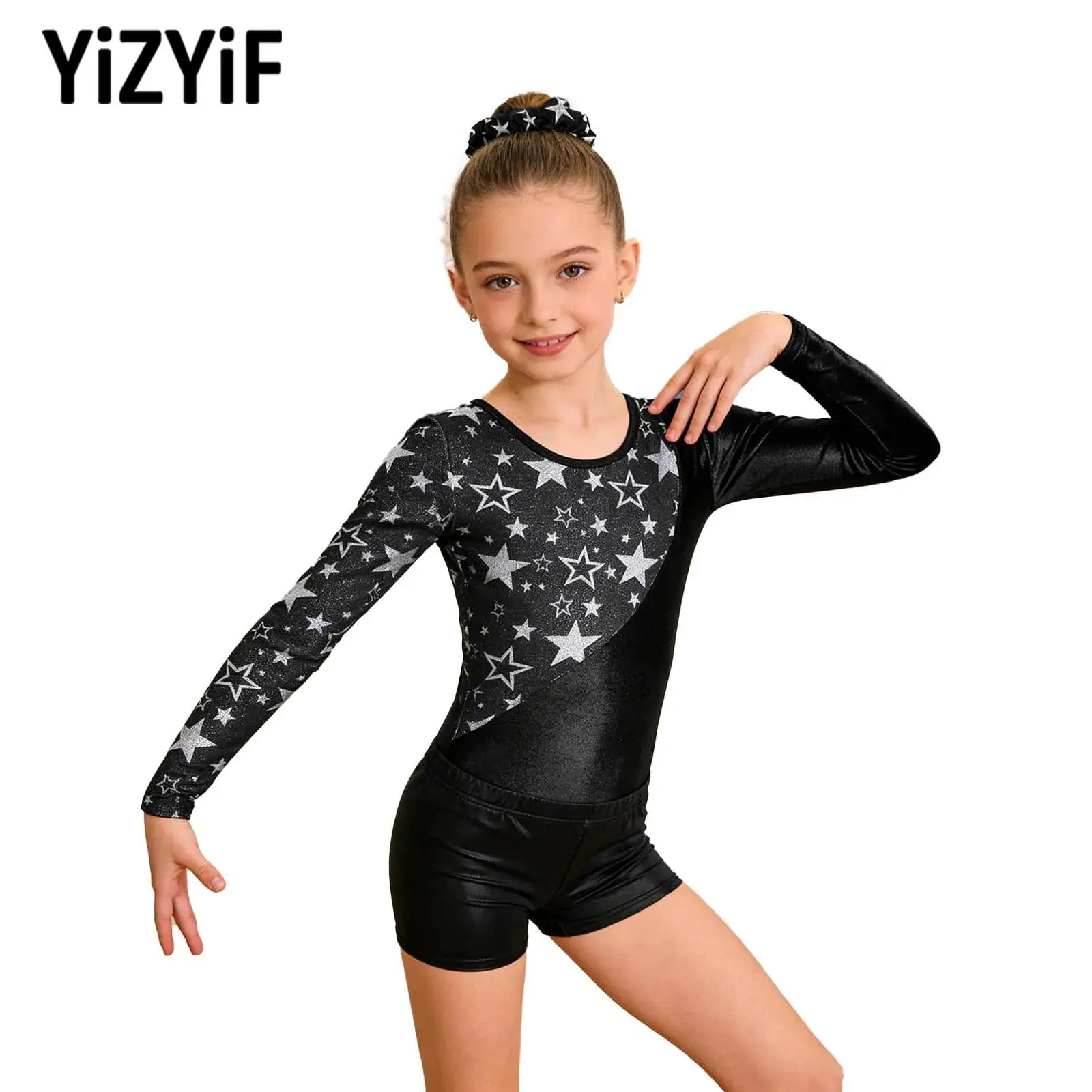 

Child Girls Ballet Dance Figure Skating Outfit Star Printed Long Sleeve Gymnastics Leotard with Athletic Shorts And Hair Band