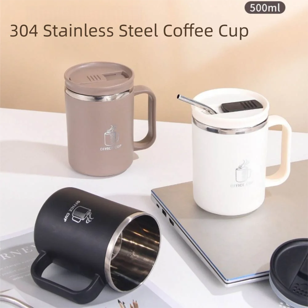 

Double-Wall Mug 304 Stainless Steel with Drinking Straw Insulated Coffee Cup 500ml Sealed Leak Proof Milk Tea Cup Drinking Cup