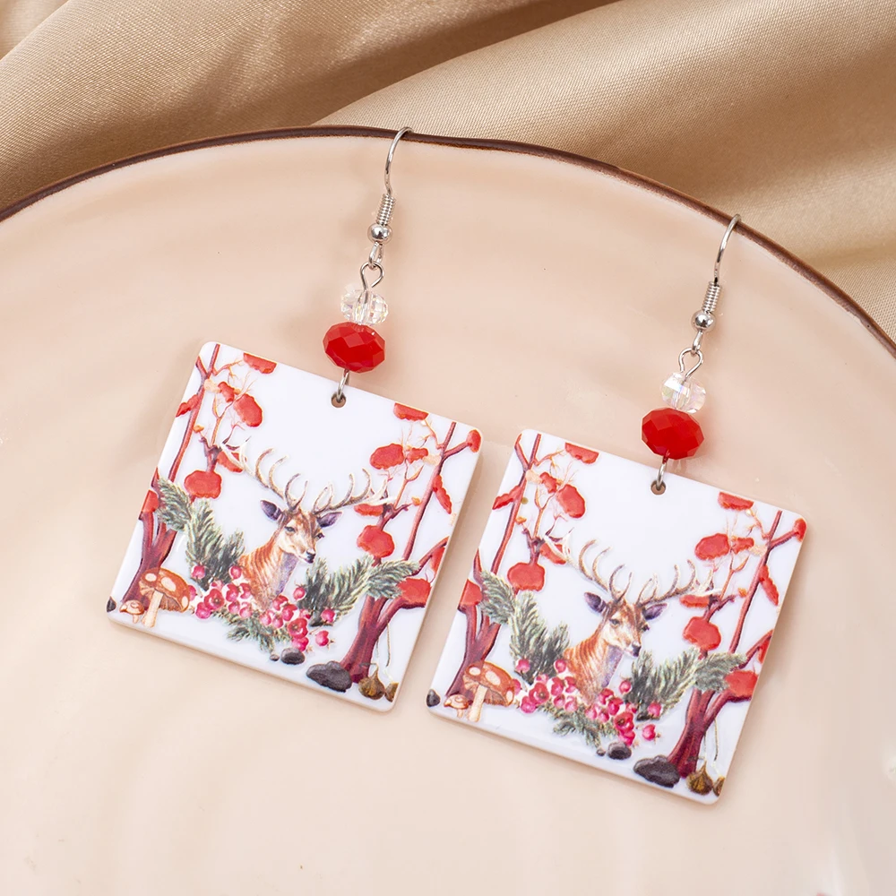 Fashion Christmas Gift Forest Elk Relievo Printing Acrylic Earrings For Women Aesthetic Color Matching Elegant Ladies Jewelry