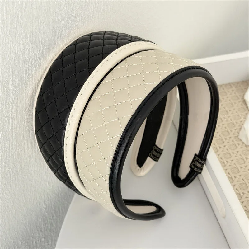 

2 шт., винтажная расширенная высококачественная клетчатая широкая повязка для волос из искусственной кожи для женщин и девочек, корейский топ, модные обручи для волос, повязка на голову, аксессуары