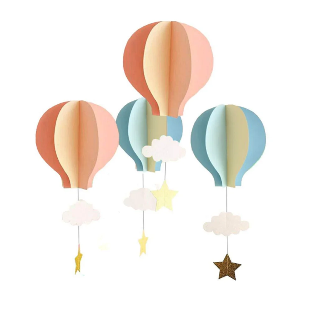 4pcs 3D Paper Pendant Hot Air Balloons Clouds Stars Hanging Ornaments for Home Decor (Light Blue Sky Blue and Beige)