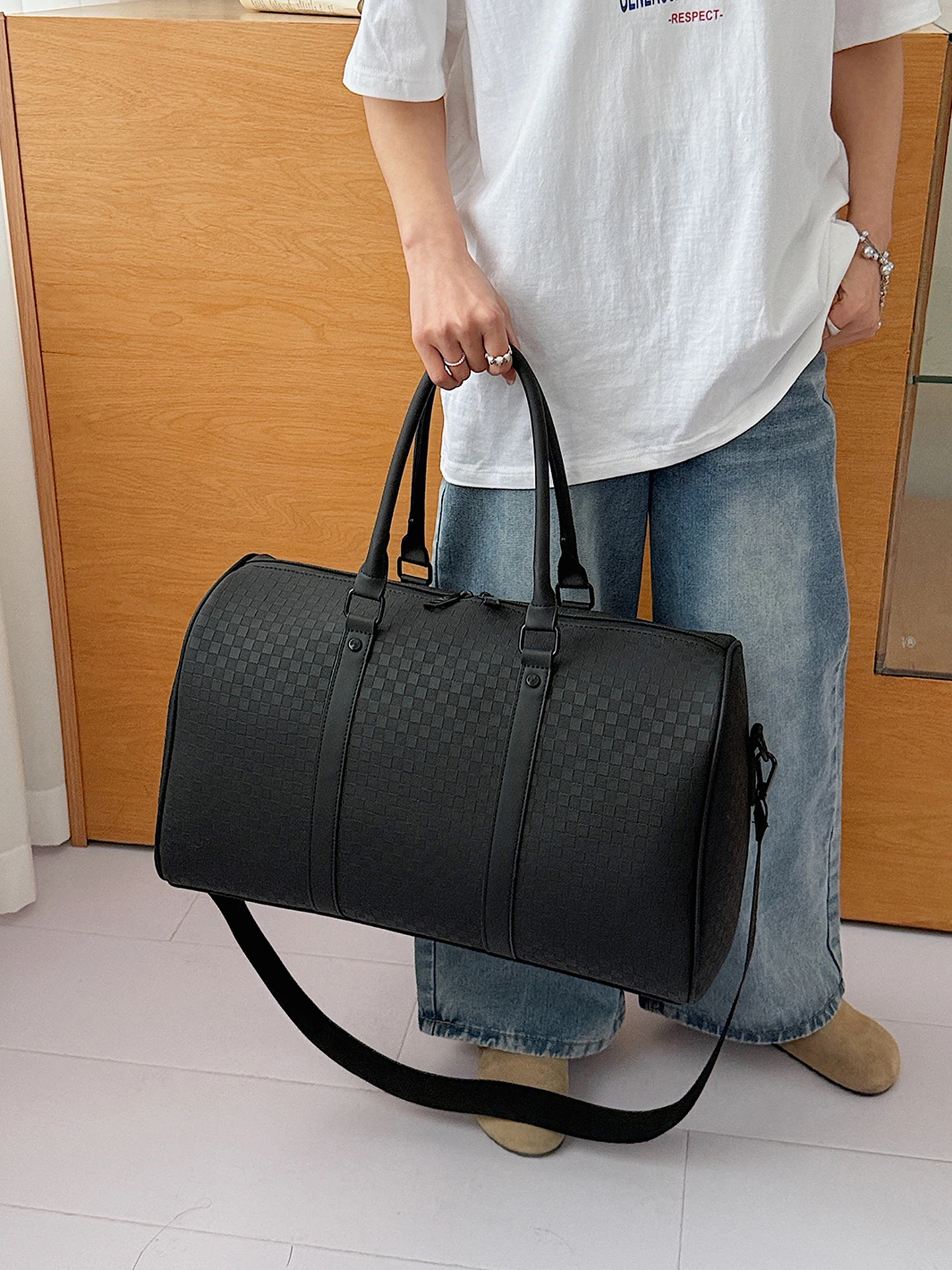 大容量トラベルバッグ-メンズ-ビジネス出張用-ハンドバッグ-シングルショルダー-フィットネスバッグ-ソフトハンドル-スポーツスタイル-折りたたみ式-pu素材