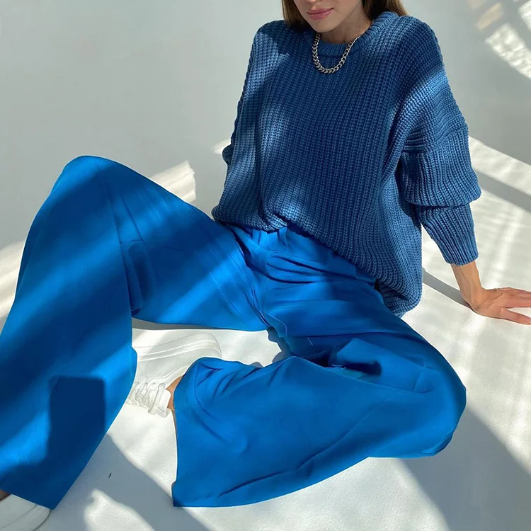 

Blue Office Women'S Pants 2025 Fashion Loose Full Length Ladies Trousers Casual High Waist Wide Pants For Women