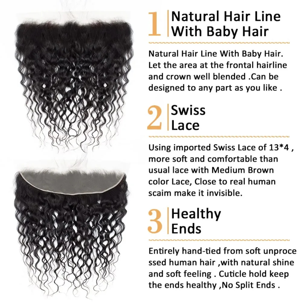 Curly Human Hair Bundles With Closure Deep Wave 13x4 Lace Frontal 100% Unprocessed Human Hair Natural Black Color #1B For Woman