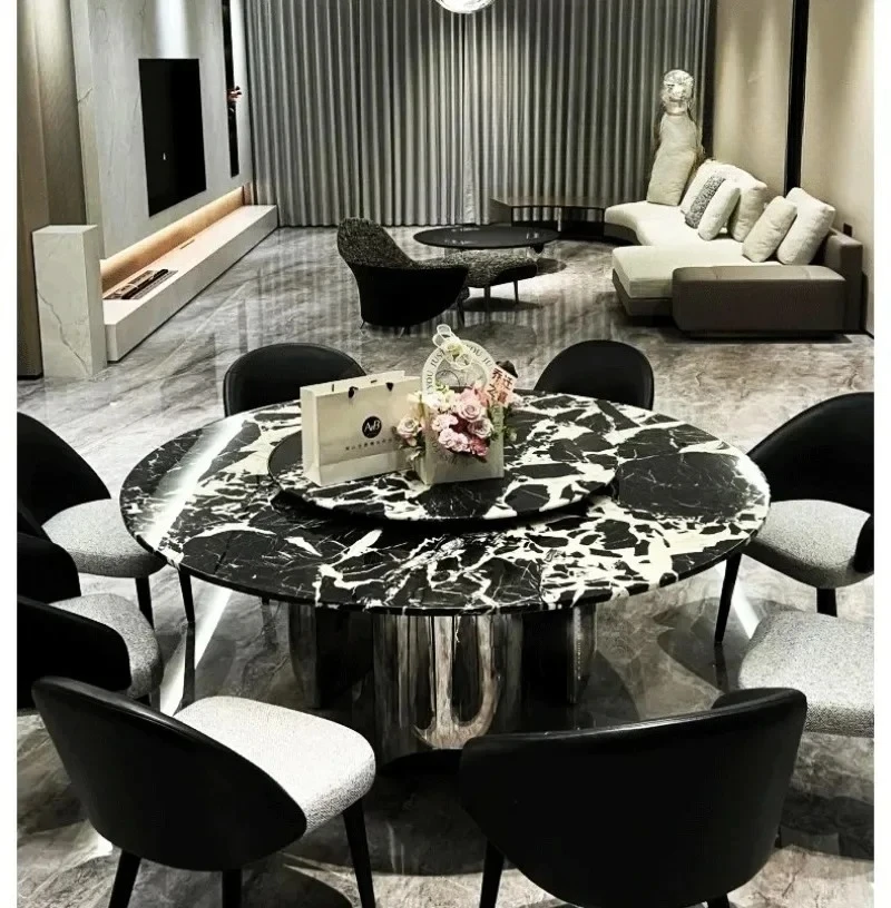 

household marble round dining table with turntable premium living room rock slab Natural black luxury stone dining table villa
