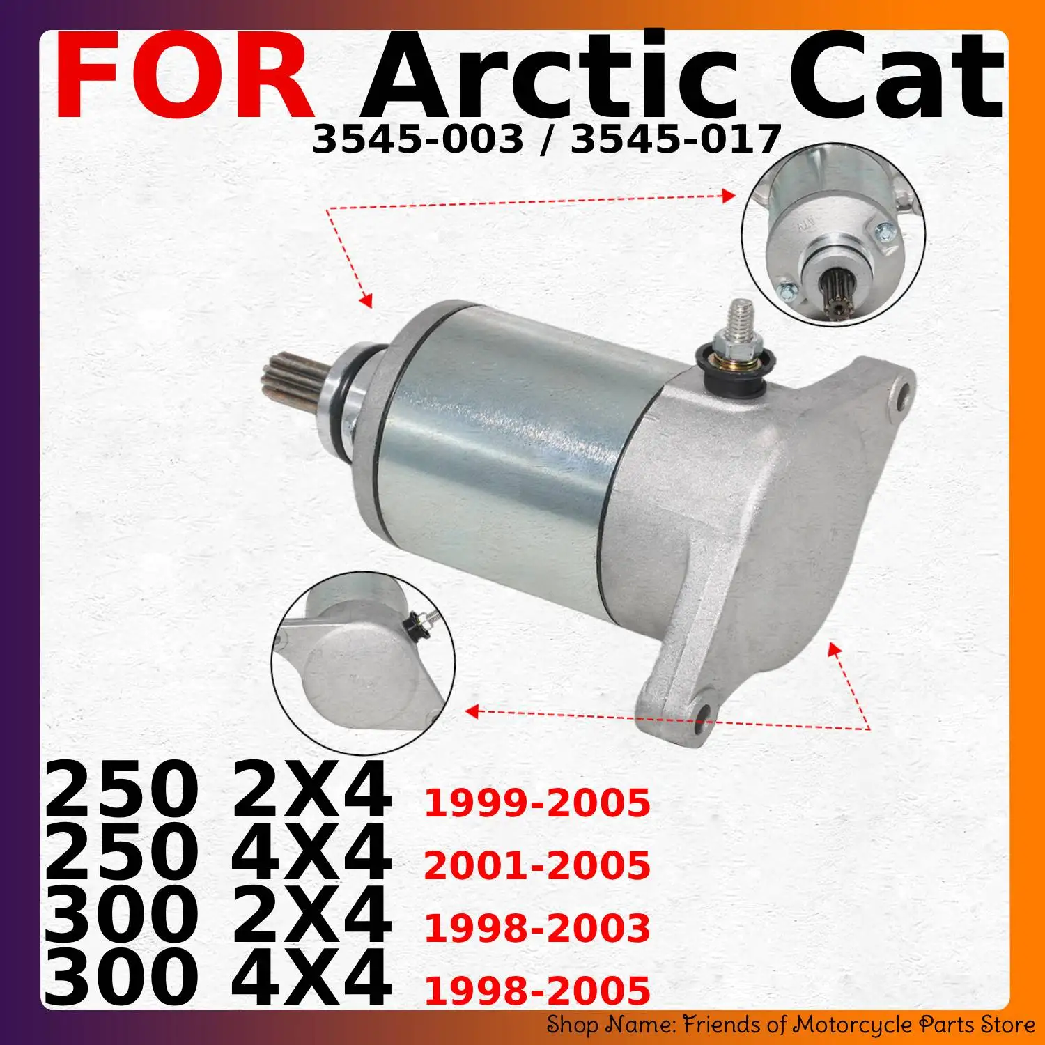 Motor de Arranque para Motocicleta Arctic Cat 250 2X4 4X4 / 300 2X4 4X4 Años 1998 1999 2000 2001 2002 2003 2004 2005 3545-003/3545-017