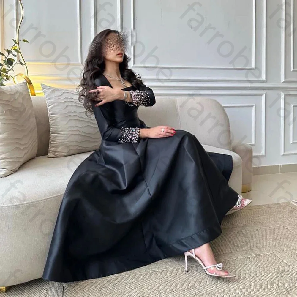 Customized Black Prom Dresses Square Neck Formal Evening Dress Beading Long Sleeve Saudi Arabric Satin Party Gown For Women