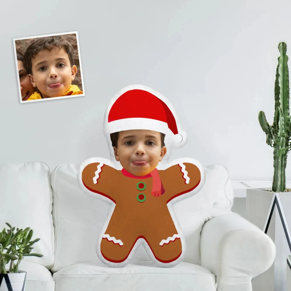 دمى الوجه صورة شخصية وجهي على الوسائد ألعاب Minime مخصصة فريدة من نوعها رجل خبز الزنجبيل الشخصي مع رمي قبعة عيد الميلاد