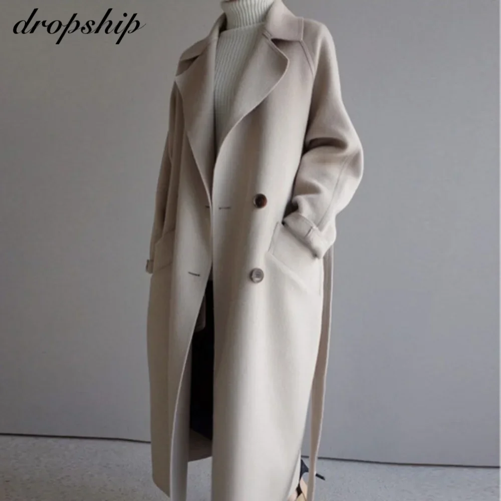 Winter Beige Elegant Wool Blend Women Korean Fashion Black Long Coats Vintage Minimalist Woolen Overcoat Camel Oversize Outwear