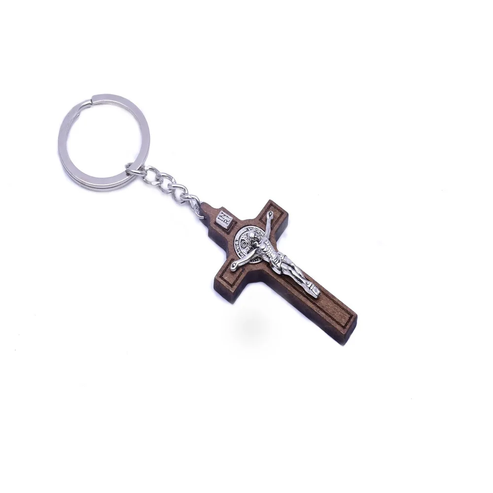 Brown Wooden Saint Benedict Key Chain Pendant For Woman Men Cross Jesus  Chains Catholicism Religious Jewelry