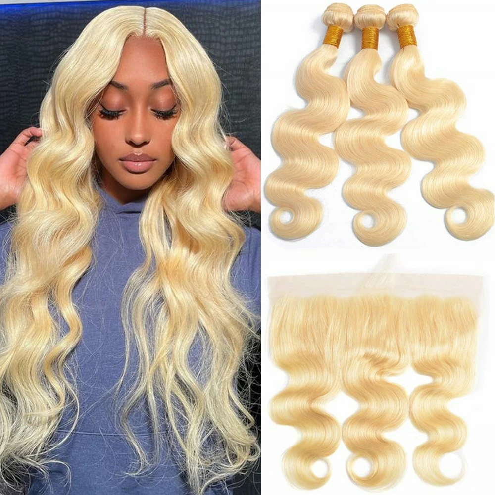 

Blonde Hair Body Wave 3 4 Bundles with 13x4 Ear to Ear Lace Frontal Closure Peruvian Human Blonde 613 Hair With 4X4 Closure