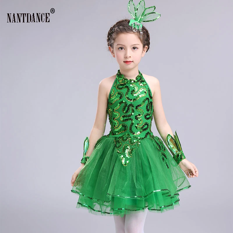 Vestido de princesa inchado para meninas, roupa de dança moderna, vestido de balé verde para crianças, performance de grama latina