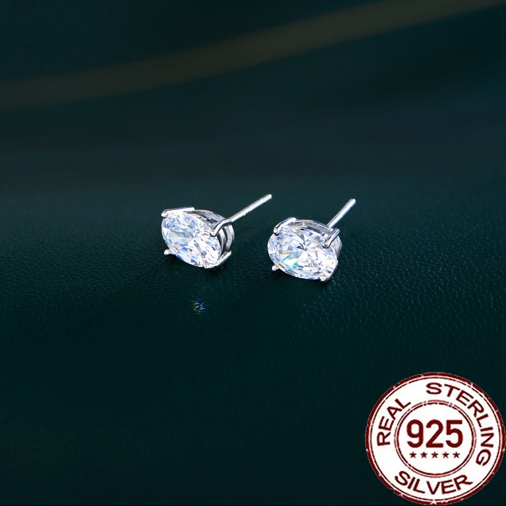 CWWZircons S925 Sterling Silver Brilliant Oval Shaped Cubic Zircon Stud Earring for Women Girl Party Wedding Jewelry Gift SE070