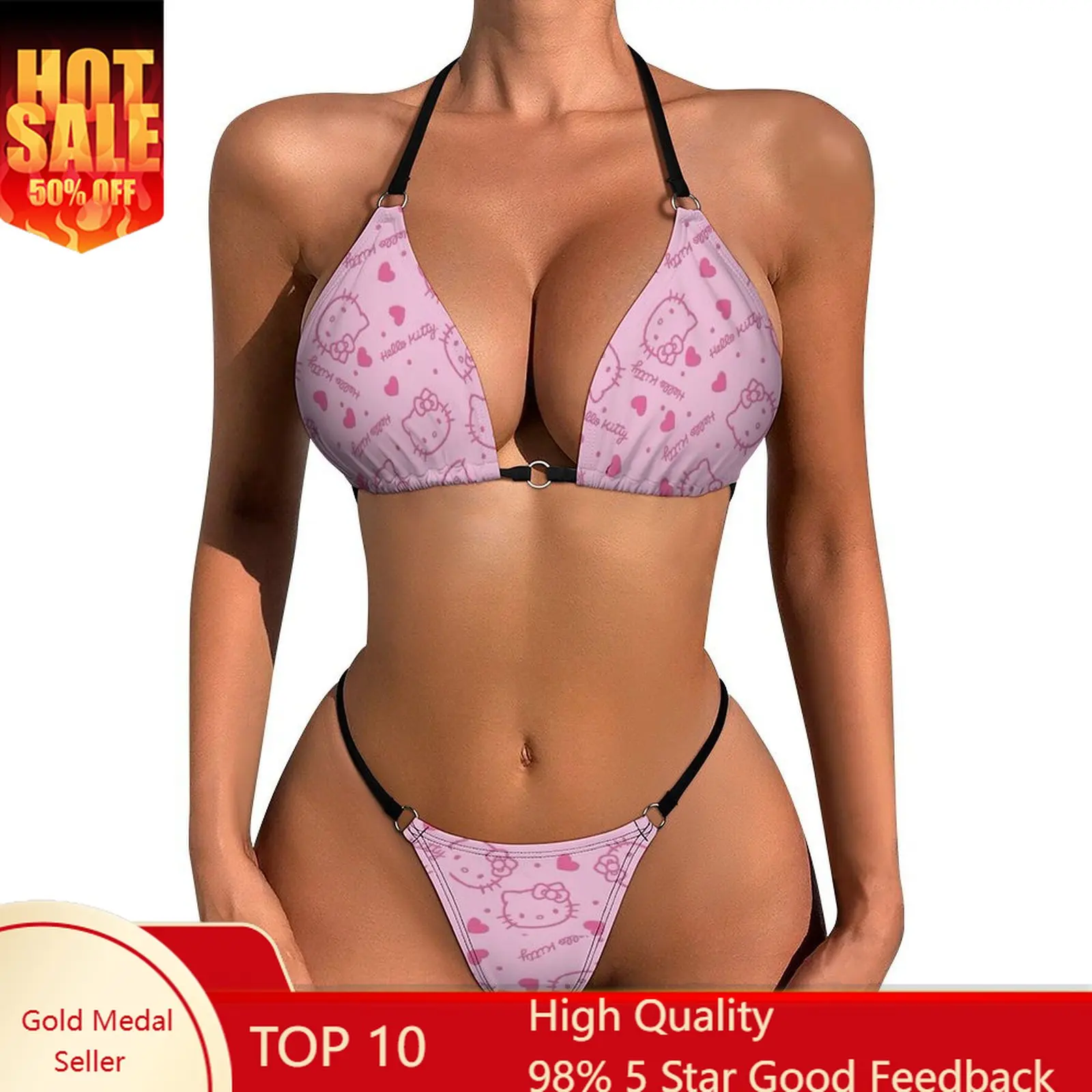 

Hello Kitty Bikini Swimsuits Womans Two Piece Sexy Bikini Set Sanrio Adjustable Ties Bathing Suits Cartoon Cat Underwear Panties